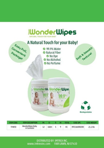 [THW30] Wonder Wipes || Baby Wipes in Canister || 160PCS X 12/CS - THW30