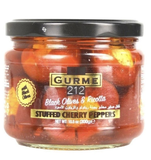 [GUR2030] DELIMATOES RICOTTA+BLACK OLIVE STUFFED CHERRY PEPPERS 10.5oz JAR 12/CS - GUR2030